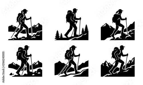 Konstfotografi Hiking Silhouettes Set: Mountain Trekkers, Backpackers, Alpine Trails, Outdoor A