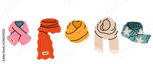 Foto Cute winter scarves in bright colors including knitted scarf, snood and fringe wrap for cold weather fashion