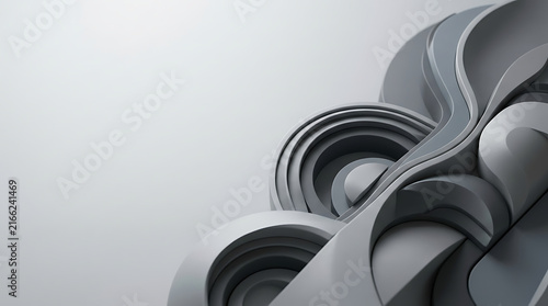 Abstract circular and layered forms create a sense of depth and motion in gray tones.