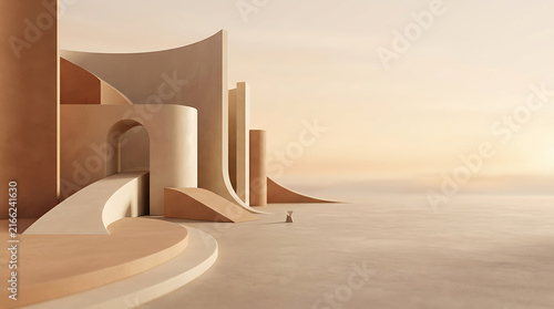 Abstract organic shapes in warm, earthy tones of terracotta and beige create a soft backdrop.