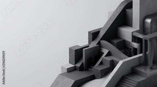 Geometric architectural abstract in shades of gray on a light background.