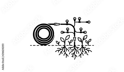 Foto Drip irrigation system vector graphic showing a garden hose reel distribution tu
