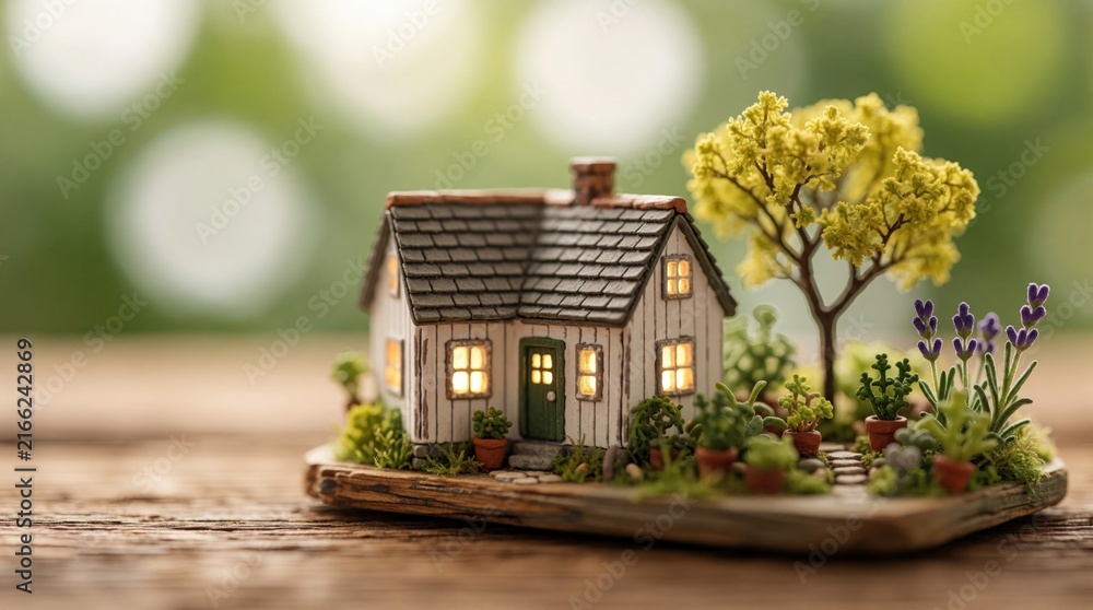 Naklejka premium Miniature house model sits on wood base with lit windows and tiny garden featuring tree and plants. Detailed small home offers cozy scene with soft background bokeh.