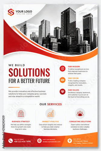 Abstract corporate brochure template, business flyer design mockup, presentation layout with red and orange waves, city skyline photo, solution logo