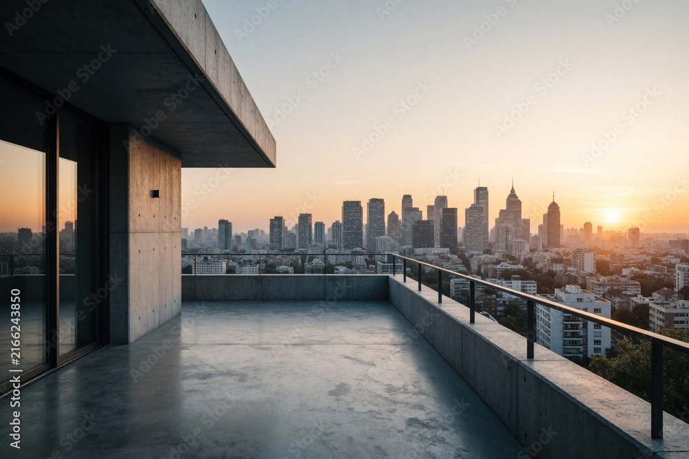Fototapeta premium Modern concrete balcony overlooks city skyline at sunrise. Minimalist villa offers urban vista during golden hour with skyscrapers in distance. Peaceful dawn over cityscape.