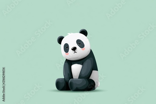 Tired sleepy panda in relaxed pose on pastel green