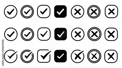 check mark icon button set. check box icon with right and wrong buttons and yes or no checkmark icons in green tick box and red cross. vector illustration