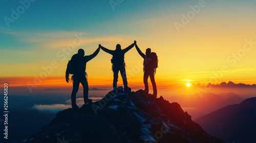 Three hikers celebrating on a mountain summit at sunrise, reaching hands in teamwork and support, symbolizing adventure, achievement, friendship, leadership, success, and outdoor challenge.
