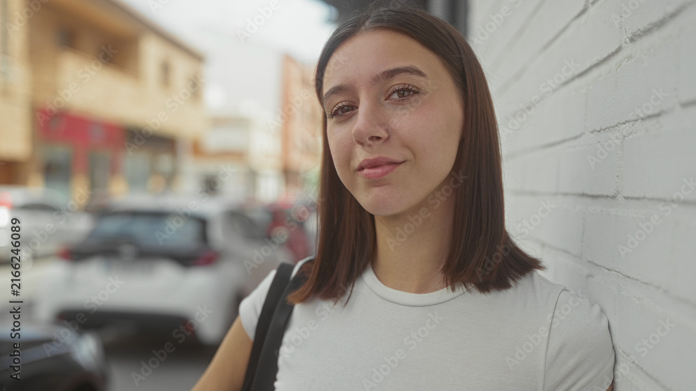 Fototapeta premium Young woman leaning against a white brick wall on a street, face turned, eyes closed and smiling with a shoulder bag strap visible; joyful ease.