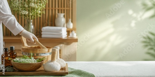 Spa treatment setting with massage tools, botanical ingredients, folded towels, and candle on a wooden tray. Wellness beauty banner with soft copy space for skincare promotion.