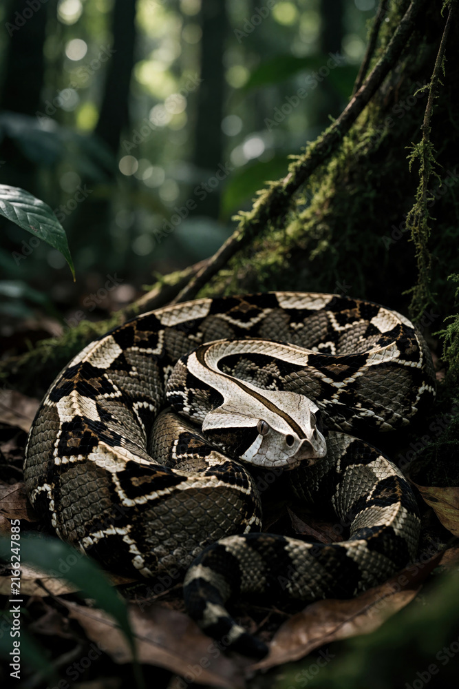 Naklejka premium Camouflaged Gaboon Viper rests on leafy forest floor, patterned scales blending with dappled light. Snake remains coiled, head alert, unique appearance in rainforest habitat, conservation concerns