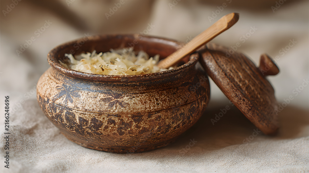 Fototapeta premium Rustic sauerkraut clay pot with wooden spoon on linen, fermented cabbage in textured earthenware evoking traditional homemade comfort and natural preservation