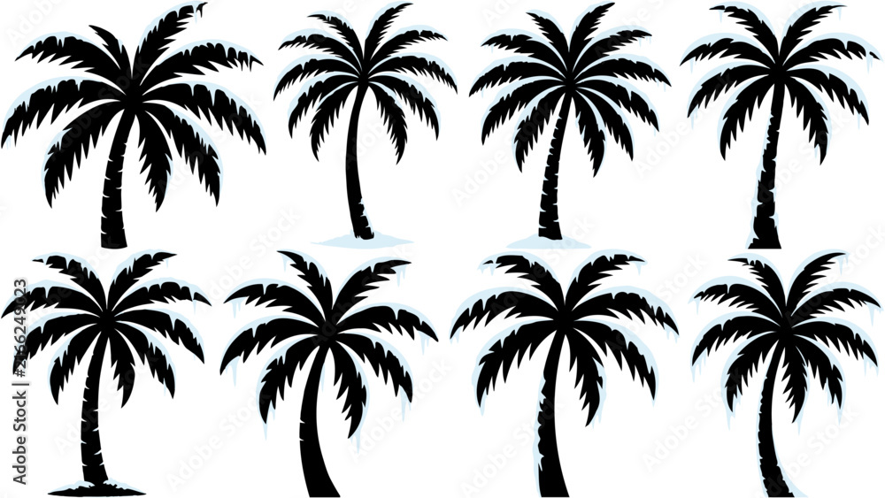 Fototapeta premium Unique winter atmosphere with vector solid black Palm Tree silhouettes set covered in ice. Ideal for plants and trees artwork, seasonal and weather illustrations, winter palm trees with ice.