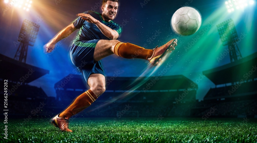Naklejka premium Soccer player kicks the ball powerfully during a dramatic game moment.