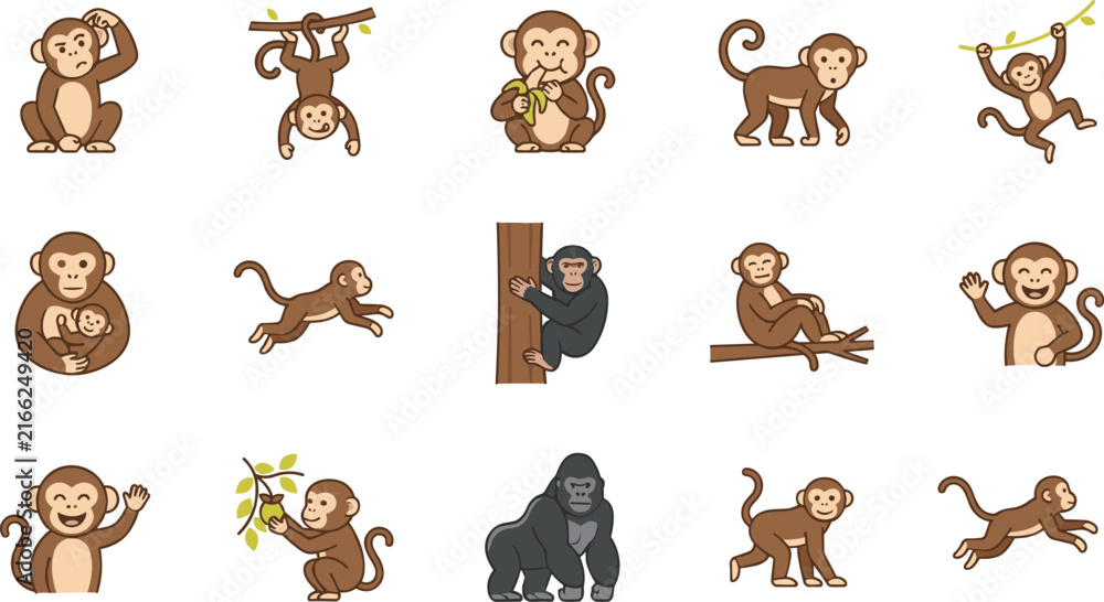 Fototapeta premium Cute Cartoon Monkeys Primate Character Asset Sheet Featuring Playful Chimps Gorilla And Baboons Hanging Swinging Eating Bananas Climbing Running And Waving PosesCute Cartoon Monkeys Primate Character 