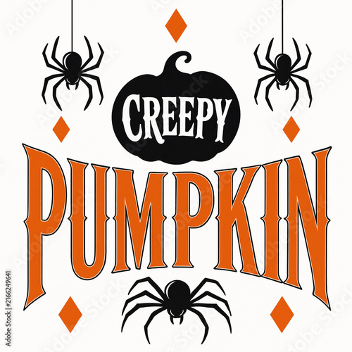 Creepy pumpkin halloween design featuring hanging spiders and decorative diamonds hanging spider decorative diamond spooky typography holiday graphic orange black halloween vector
