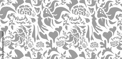 Foto A monochrome pattern featuring various abstract and figurative elements, includi
