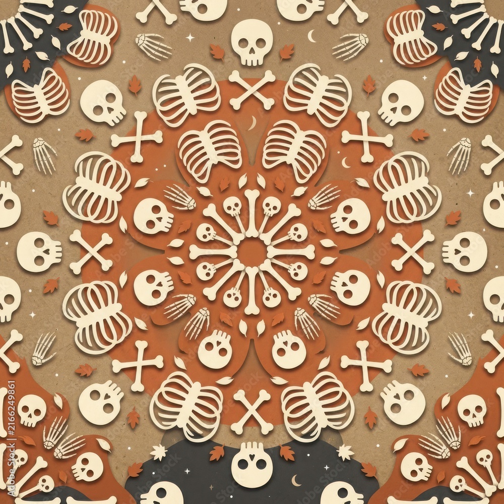 Naklejka premium Spooky Halloween mandala with skulls and bones in orange and beige tones perfect for holiday decorations and graphic design projects.