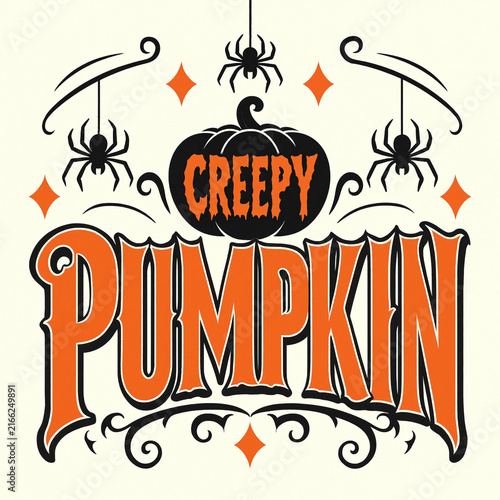 Creepy pumpkin typography design with hanging spiders and decorative geometric accents halloween design spooky text halloween graphic vector illustration seasonal decor orange black
