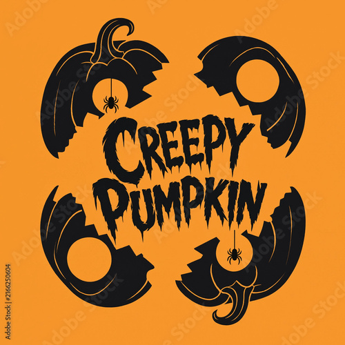 Creepy pumpkin spooky holiday badge design featuring carved jack o lanterns and spiders spider illustration halloween vector orange background holiday typography vector graphic halloween