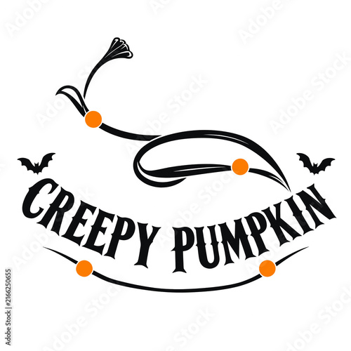 Creepy pumpkin text label with decorative swirl lines and bats for halloween design holiday typography spooky sign decorative graphic seasonal vector bat illustration orange dots