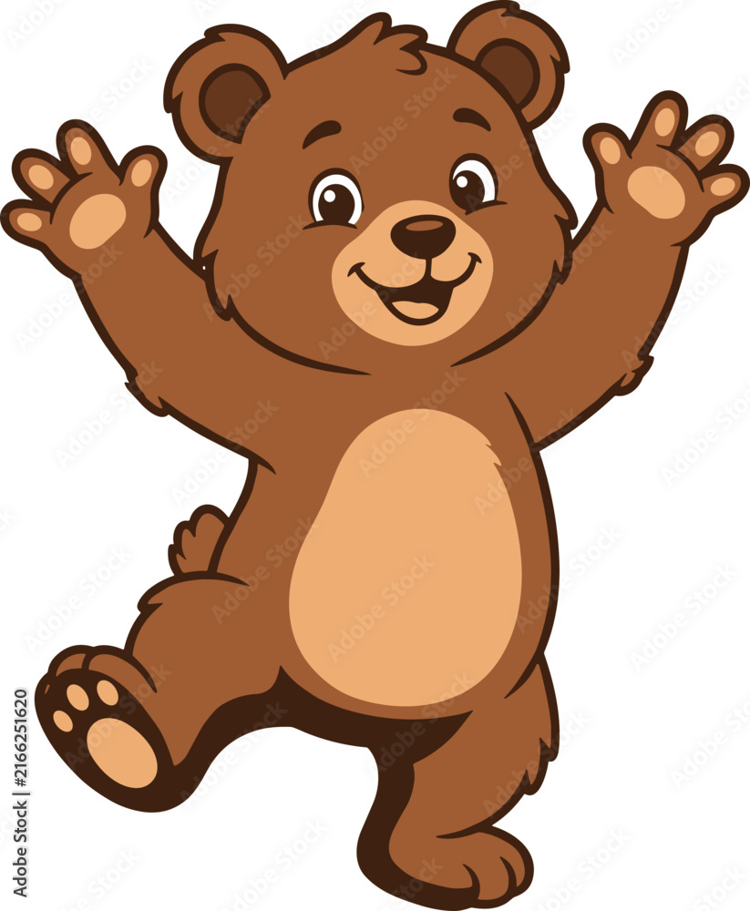 Fototapeta premium Cute Cartoon Teddy Bear Character Vector Illustration Featuring Happy Brown Cub Standing On One Leg With Open Arms CelebratingCute Cartoon Teddy Bear Character Vector Illustration Featuring Happy Brow