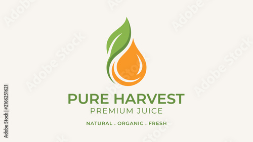Natural organic fresh fruit juice logo template with orange drop and green leaf icon vector design