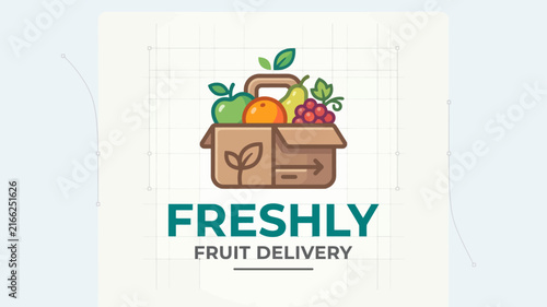 Freshly Fruit Delivery Logo Design Concept with Organic Delivery Box and Fresh Fruits Vector Illustration