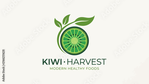 Organic Kiwi Fruit Harvest Logo with Green Leaves for Modern Healthy Food Branding
