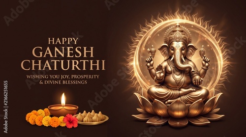 Golden Lord Ganesha idol with diya and flowers for Happy Ganesh Chaturthi festival celebration background