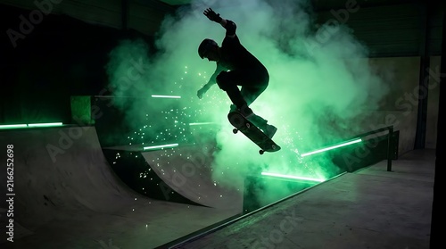 Skateboarder jumping through green smoke in dark skatepark.