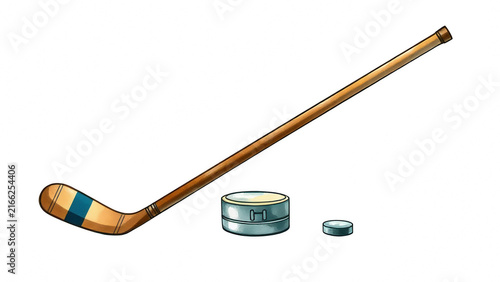 Vintage wooden ice hockey stick with pucks
