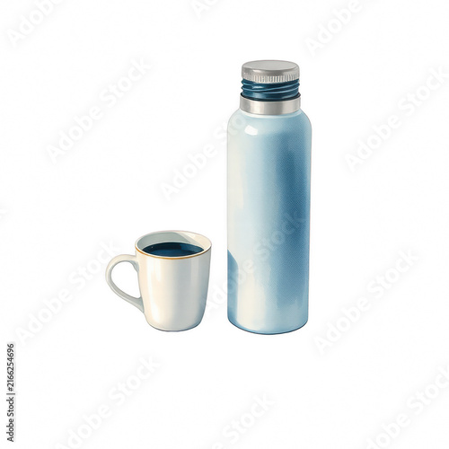 Light blue thermos flask and white coffee mug