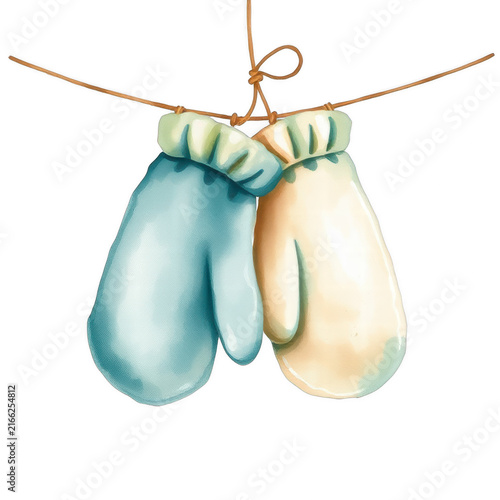 Watercolor illustration of hanging winter mittens