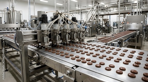 Automated chocolate production line with conveyor belt and robotic filling nozzles in modern food