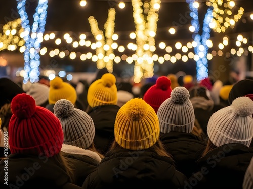 People wearing colorful winter hats at festive holiday market with glowing lights on transparent
