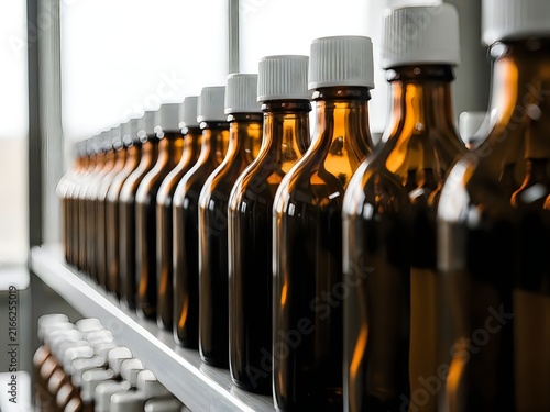 Row of amber glass medicine bottles with white caps on transparent background