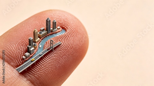 Miniature cityscape on human fingertip
