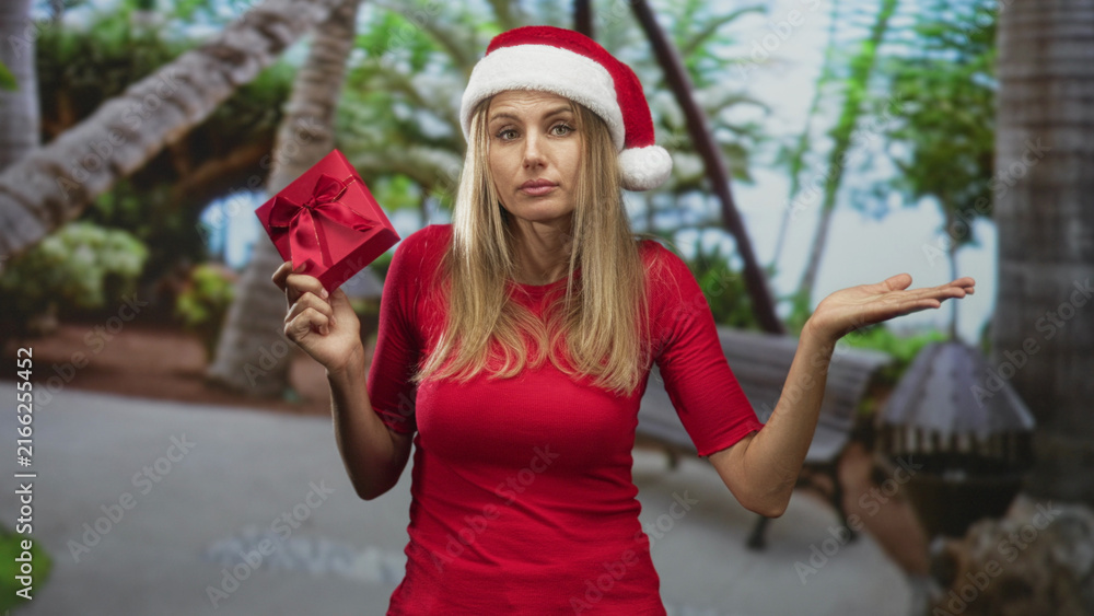 Obraz premium Woman blonde wearing santa hat holding red gift box with palm up shrug gesture in studio tropical set; holiday indifference.