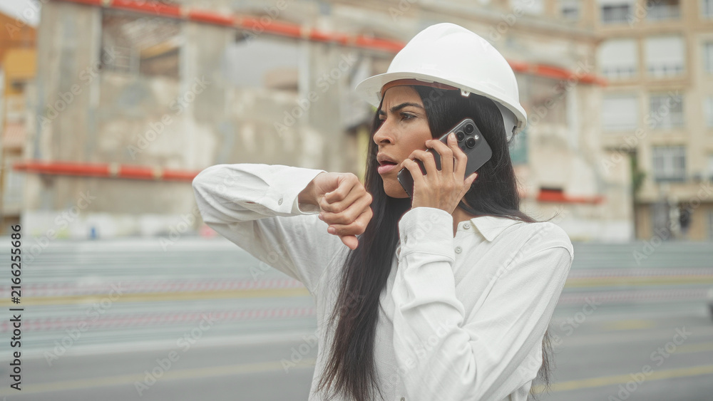 Fototapeta premium Woman architect in hardhat on building site talks on smartphone to ear while checking wristwatch and studying plans in hand; deadline urgency.