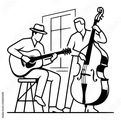 Canvas Print Vintage jazz musicians playing acoustic guitar and double bass in retro studio s