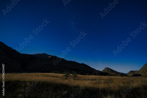 Canvastavla Starry night sky over silhouetted mountains and moonlit tussock grassland, Moke
