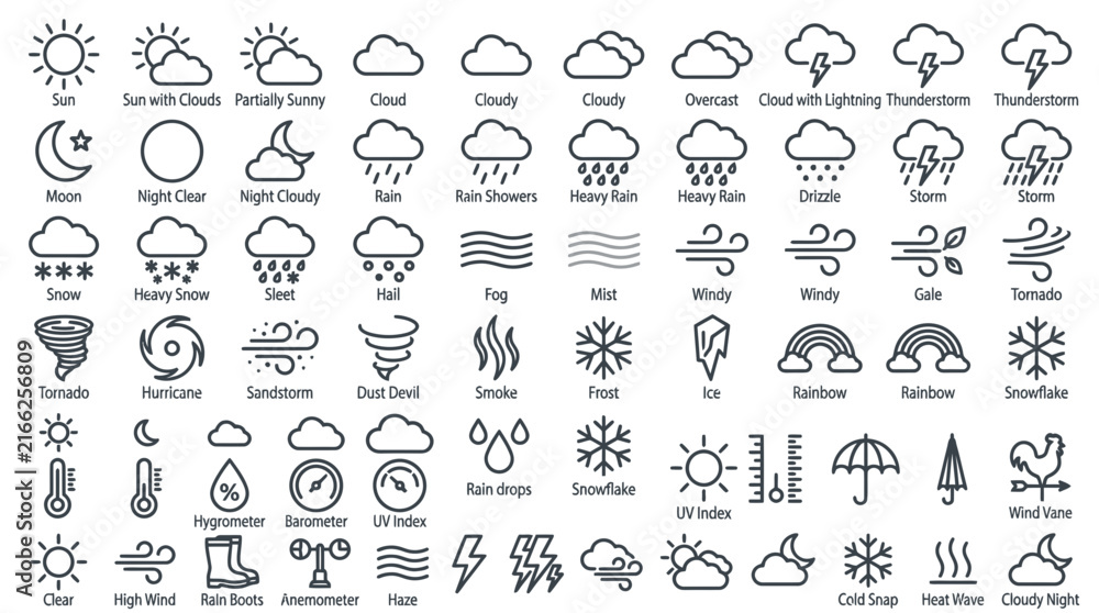 Fototapeta premium Large collection of minimalist outline weather icons including sun, clouds, rain, snow and wind symbols, perfect for mobile app design, meteorological reports and web interface development