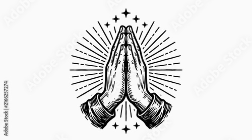 Vintage engraving of praying hands with light rays and stars on white background, perfect for religious branding, spiritual posters and church graphics