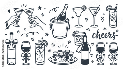 Hand drawn doodle set of party drinks and celebration elements including cocktails wine and champagne, perfect for event invitations, menu design and social media graphics