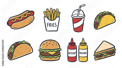 Hand drawn fast food doodle collection including burger hot dog fries taco and sandwich on white background, perfect for menu design restaurant branding and food blog illustration