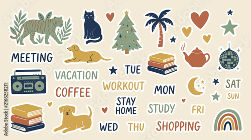 Aesthetic lifestyle planner sticker set with animals and daily activity text labels on neutral background, perfect for digital journaling, scrapbooking and social media content creation