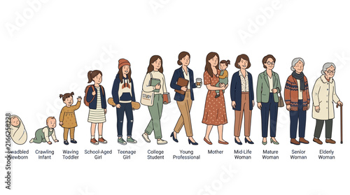 Female life cycle stages from newborn baby to elderly woman including manager and businesswoman, perfect for educational materials, healthcare infographics and life insurance advertising