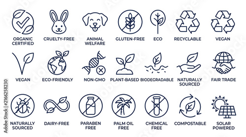 Collection of minimalist eco-friendly and organic product label line icons on white background, perfect for product packaging, sustainable branding and marketing materials