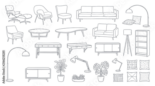 Collection of hand-drawn furniture and home decor line art icons including sofas, chairs and plants, perfect for interior design planning, architectural sketching and home catalog illustration